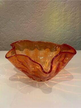 Vintage Kreiss Hand Blown Art Glass Bowl Red Orange Ruffled Edge Japan